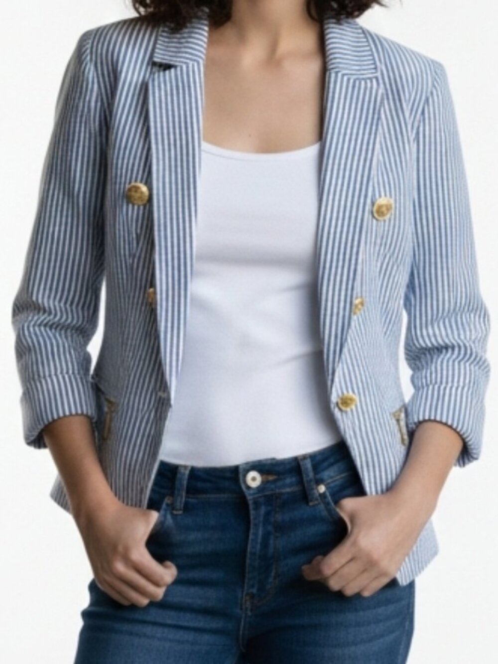 Dynamite Blue & White Striped Seersucker Blazer
